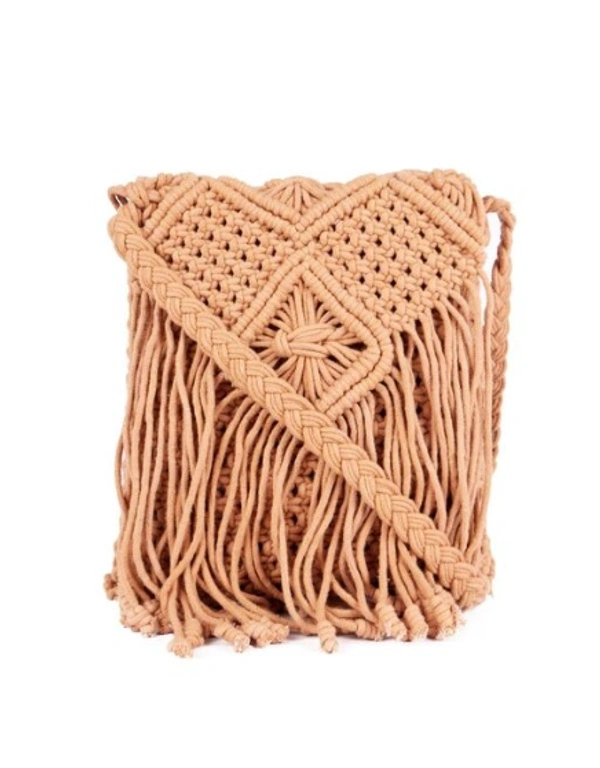 ASTRID Brown  Macrame Sling Bag With Flapover Fringes  - Free Size, Pink, Macrame, Pack of1